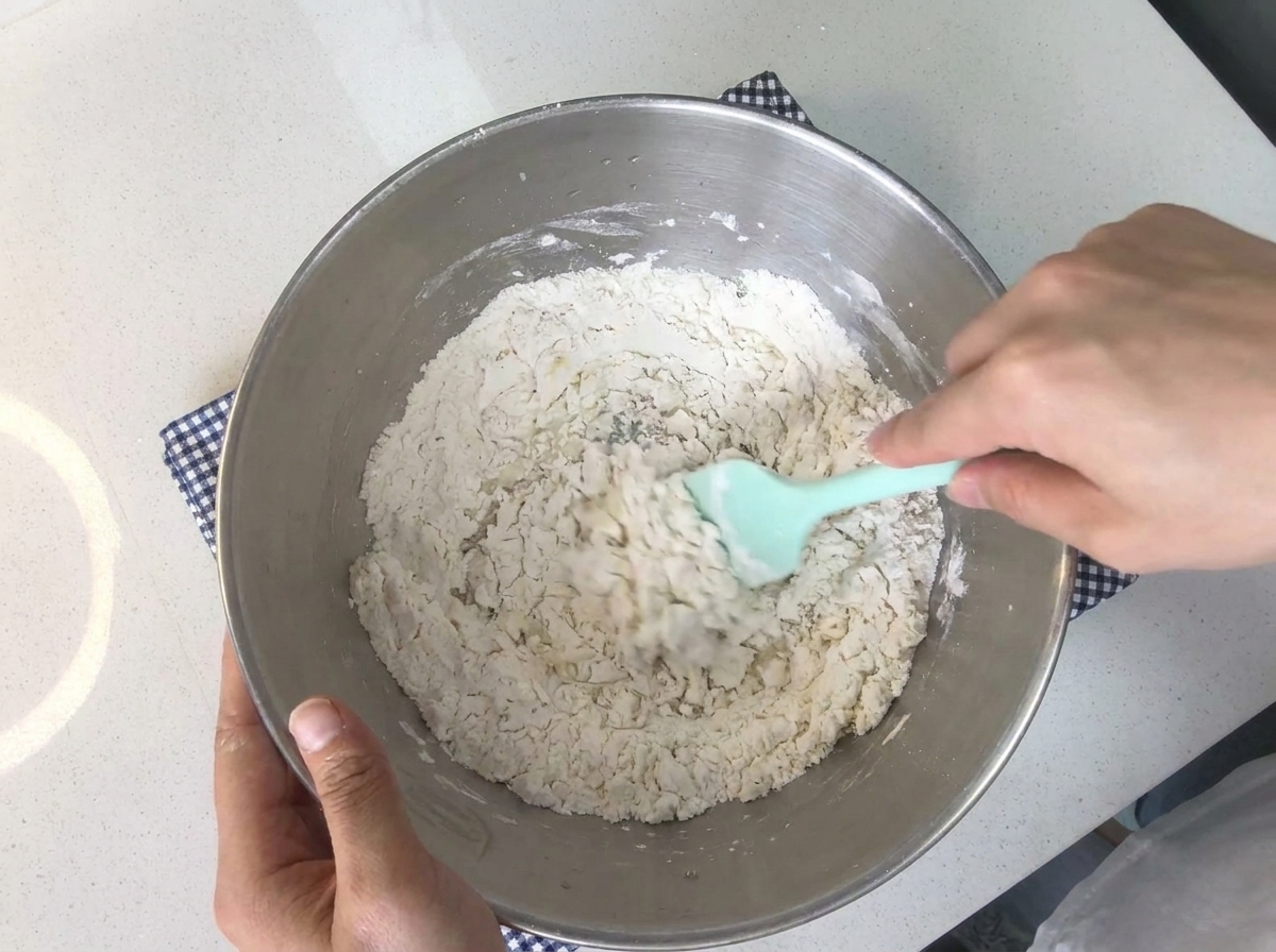Hands vigorously kneading and mixing the dough ingredients together inside a stainless steel bowl.