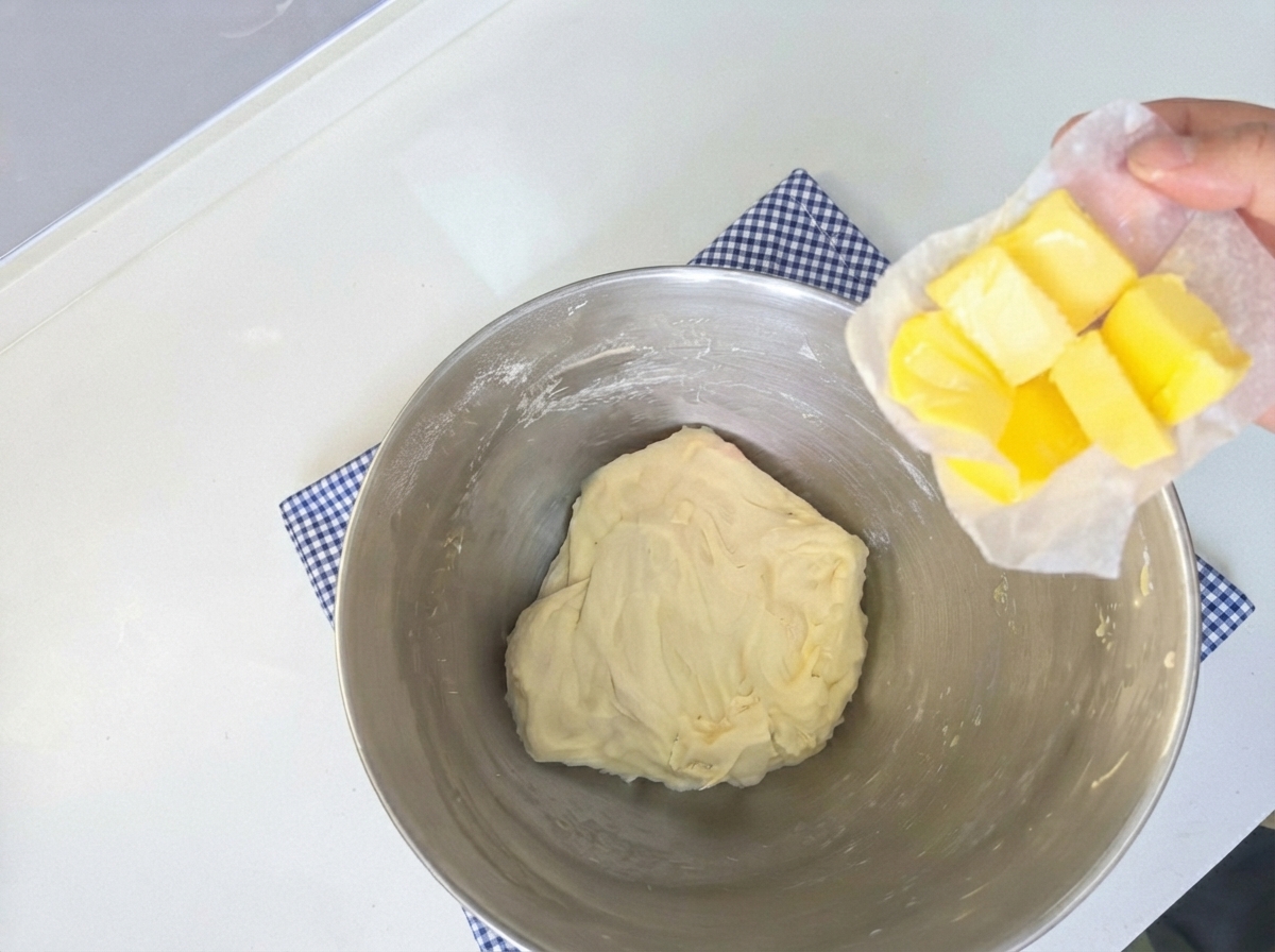 Softened butter pieces held on parchment paper next to a bowl containing the kneaded dough.