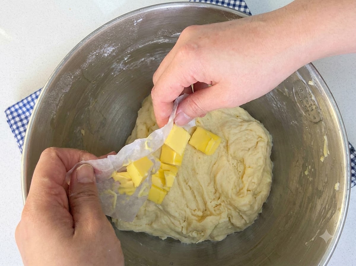 Hands working and incorporating butter pieces directly into the dough inside the mixing bowl.