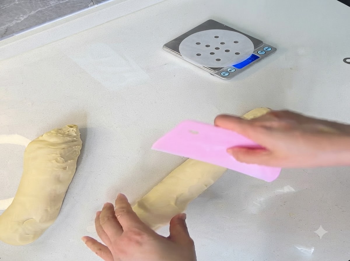 A pink scraper cutting a long roll of dough into equal portions on a clean countertop.
