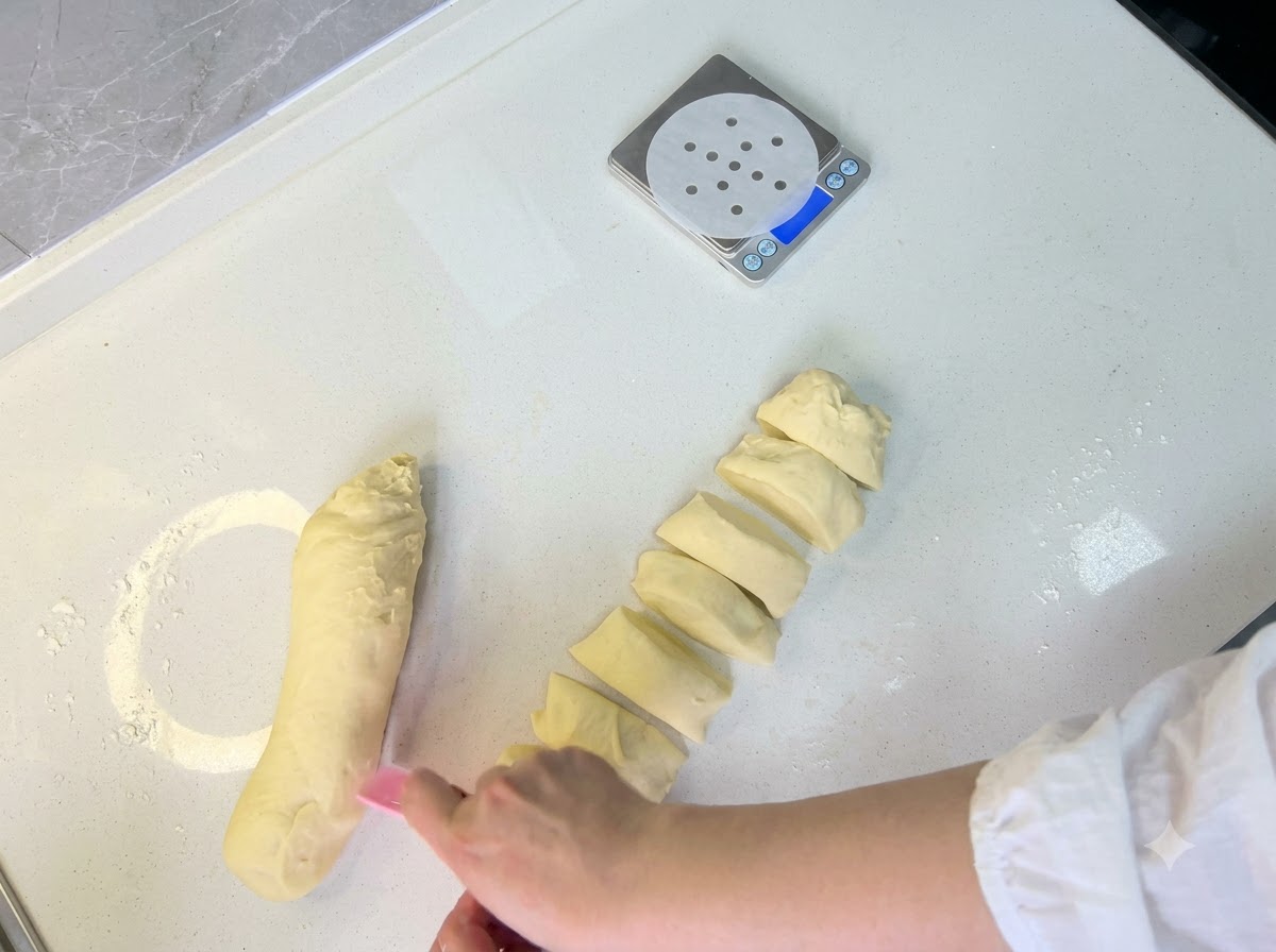 Dough portions being divided and hand-rolled into small round balls on the countertop.