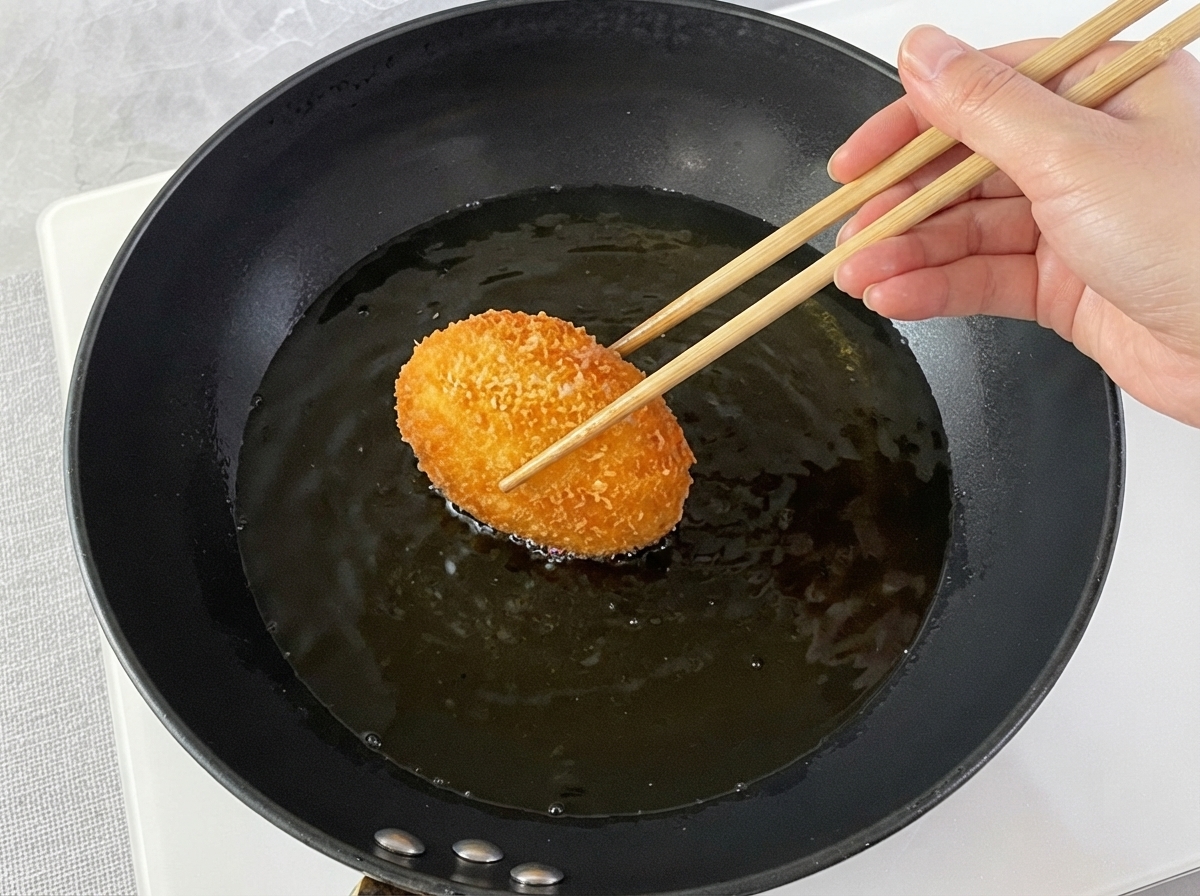 A dough ball being picked up with chopsticks after being coated in breadcrumbs and fried in hot oil.