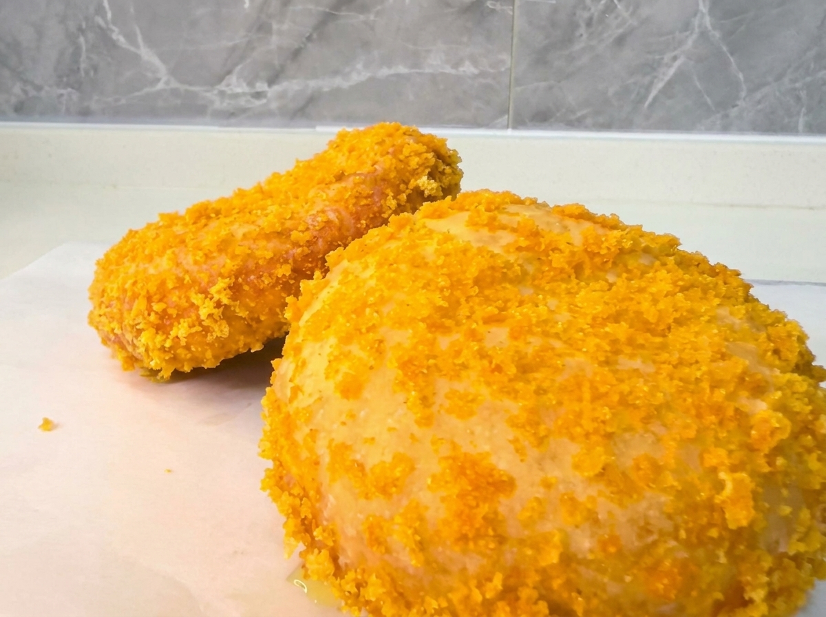 Coated breaded dough balls resting and flattened gently on a tray.