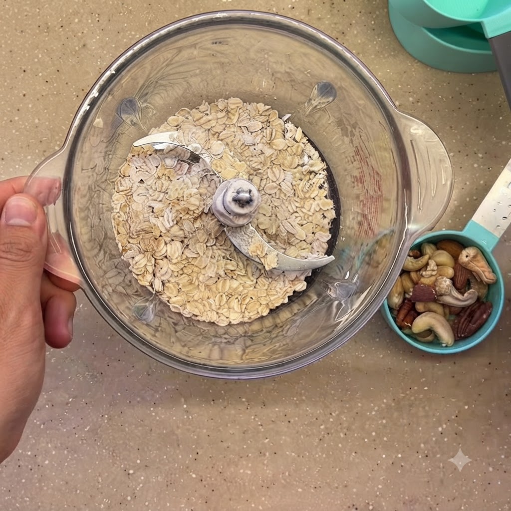 Dry rolled oats inside a glass blender container next to a measuring cup of nuts.