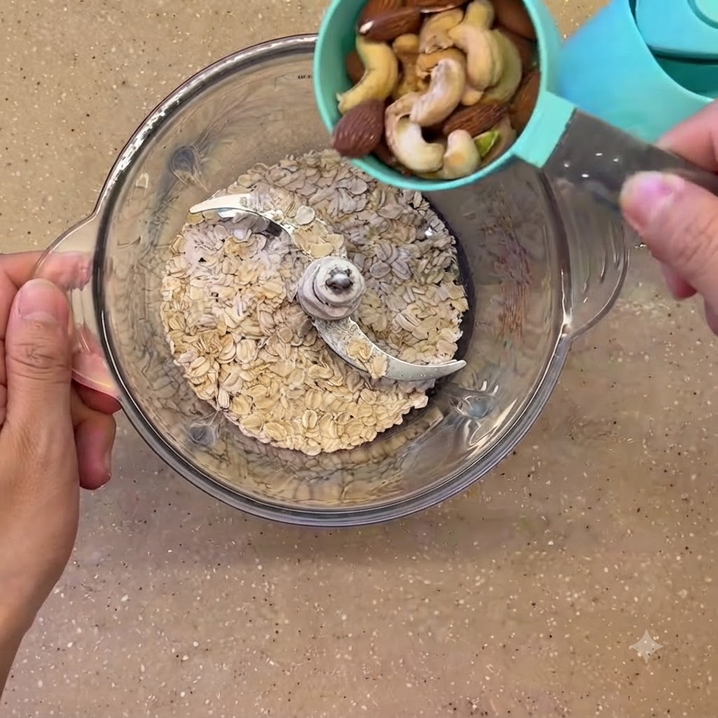 Mixed nuts being poured into a blender filled with rolled oats.
