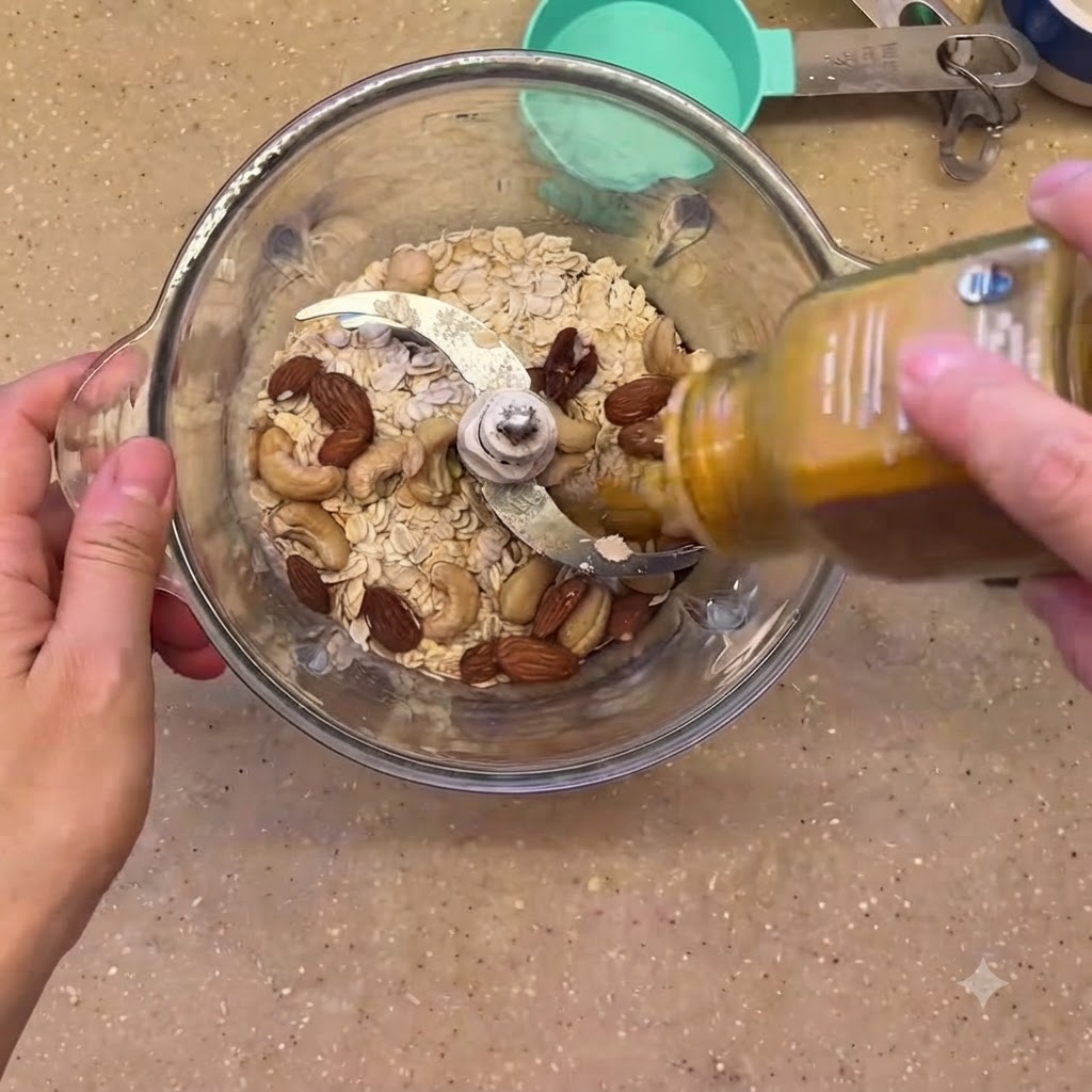 Turmeric powder being shaken from a container into the blender.