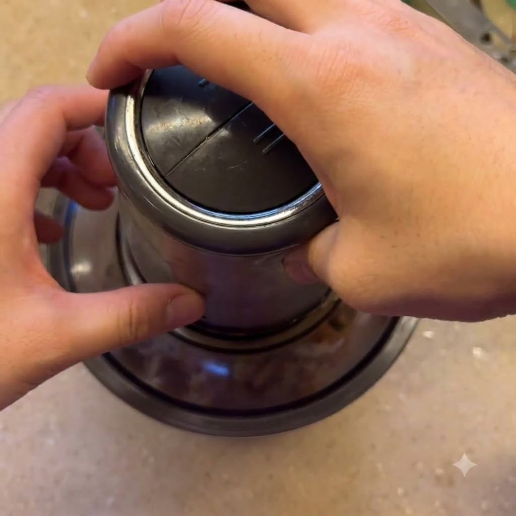 Hands securely operating a blender filled with oats and nuts.