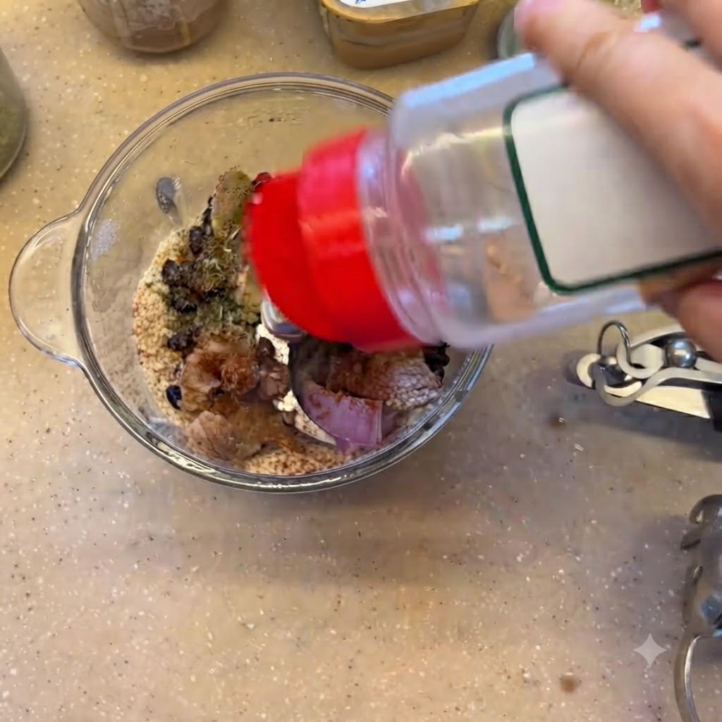 Garlic powder being shaken from a bottle into the blender bowl containing the rest of the ingredients.