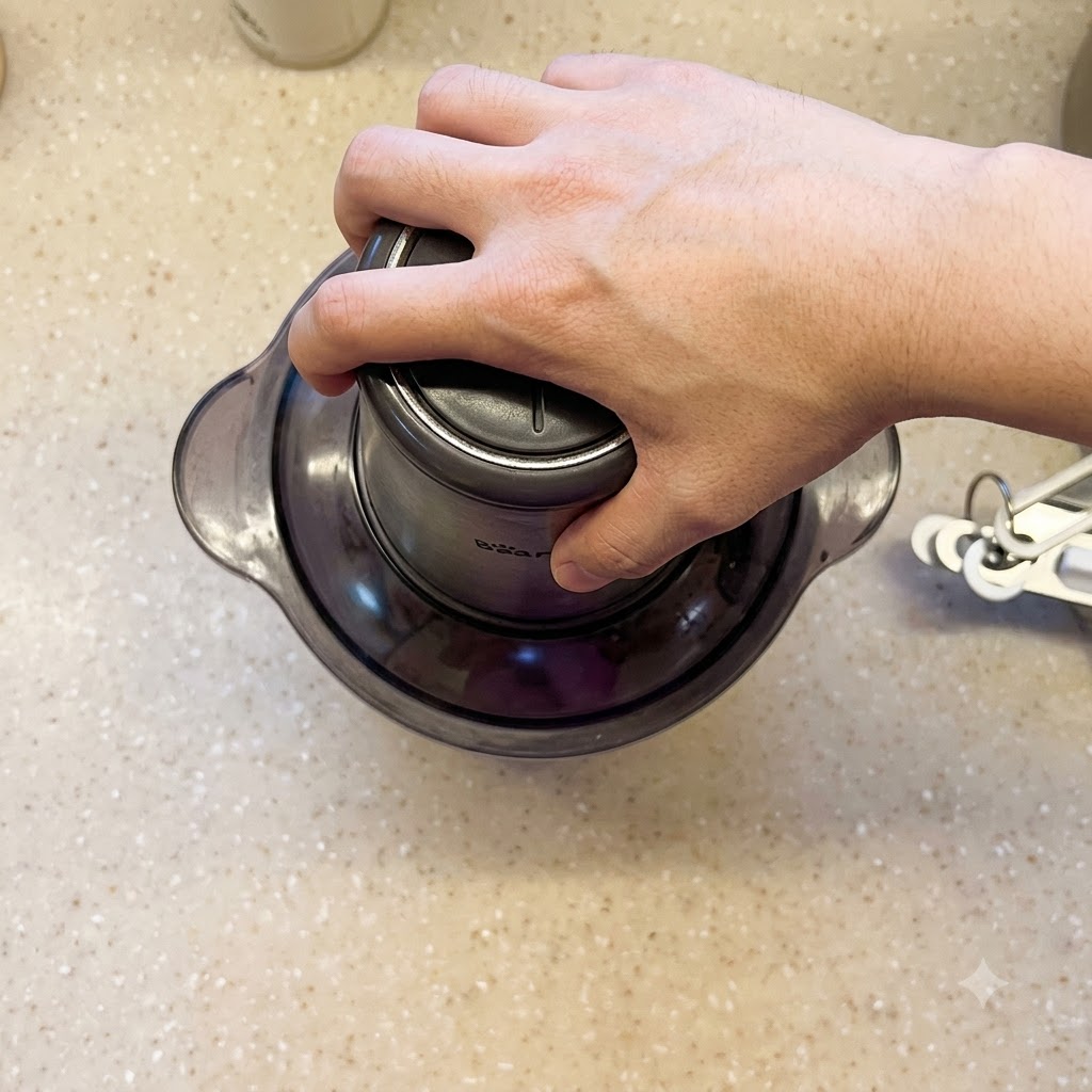A hand pressing down on the lid of a blender to operate it for the second mixing cycle.