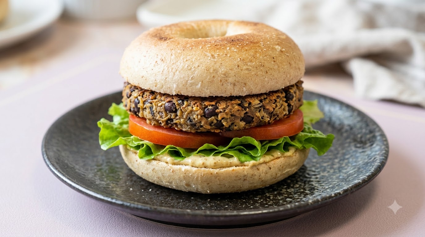 A fully assembled vegan black bean burger on a dark plate, featuring a whole wheat bagel bun, a cooked black bean patty, a slice of tomato, and fresh lettuce.