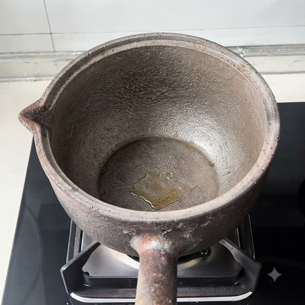 An empty traditional earthenware cooking pot resting on a stove burner with a small amount of liquid at the bottom.