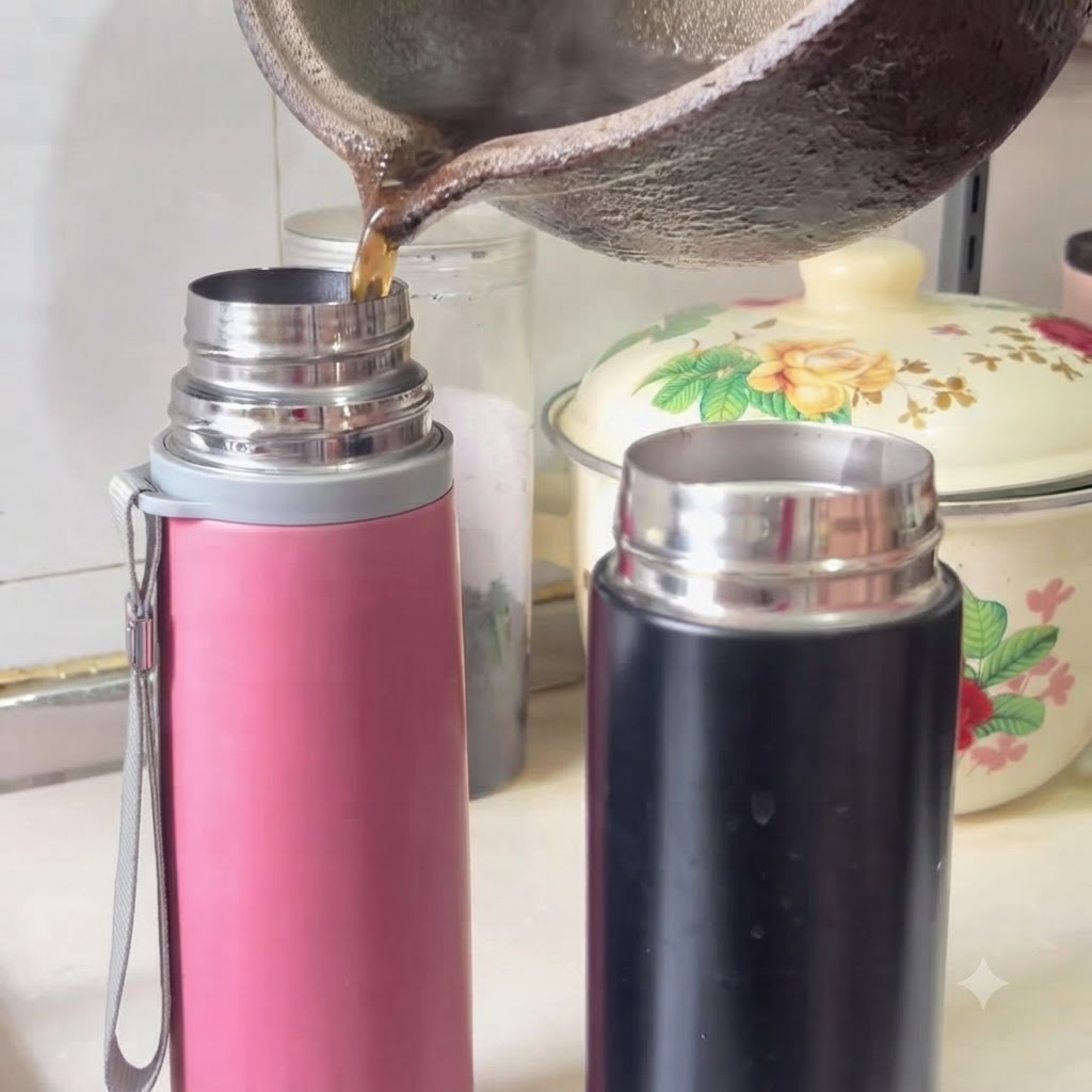 The dark herbal soup is being poured out of the pot into pink and black thermos flasks on the kitchen counter.