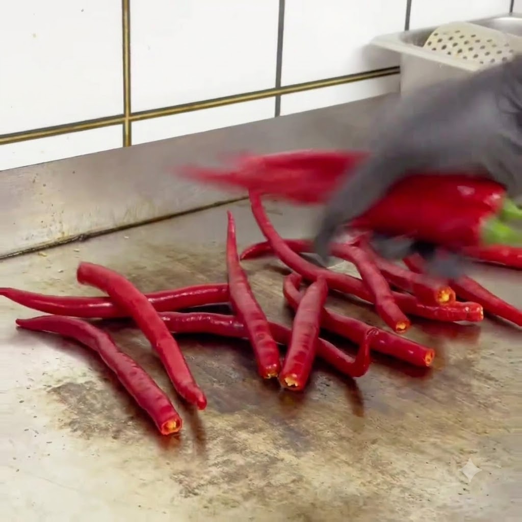 Fresh red and green chili peppers arranged on a stainless steel prep table.