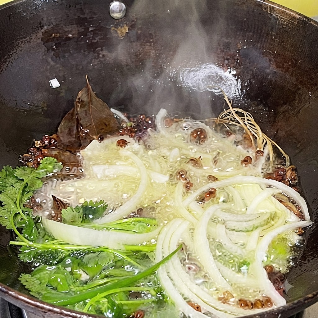 Sliced onions and whole spices sizzling and releasing steam in hot oil inside a deep wok.