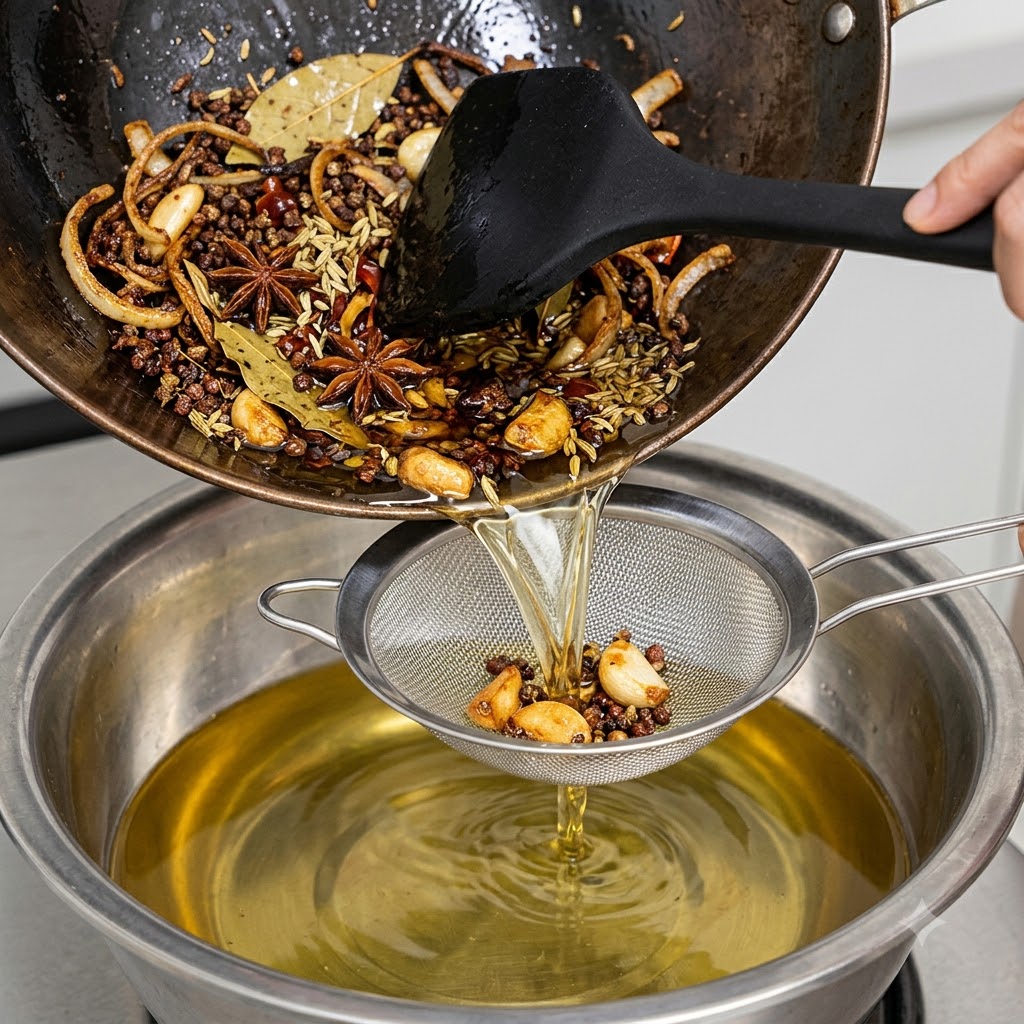 Spiced oil being poured from a wok through a wire mesh strainer into a large metal bowl.
