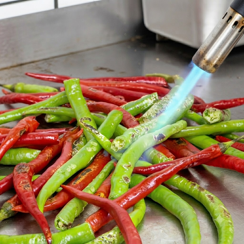 A blue flame from a torch blistering the surface of red and green chili peppers on a metal table.
