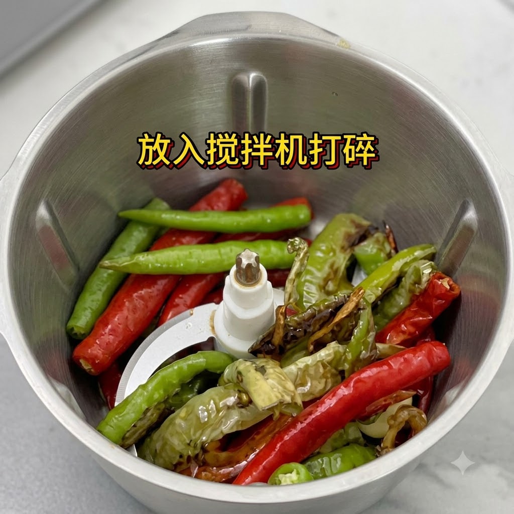 Cooked red and green chili peppers placed inside a stainless steel blender container.
