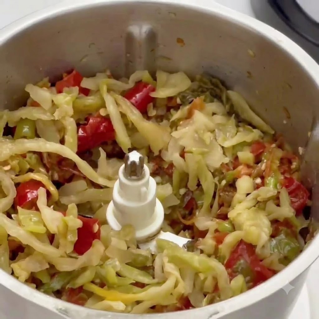 Chilies and chopped pickled mustard greens combining inside the blender blades.