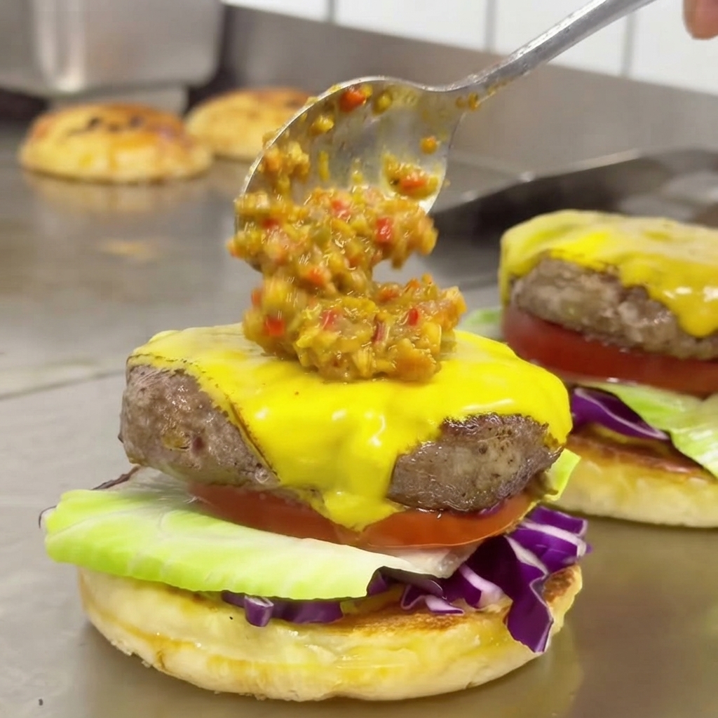 A spoonful of textured green and red double chili sauce being drizzled over a yellow melted cheese slice atop a cooked beef patty.