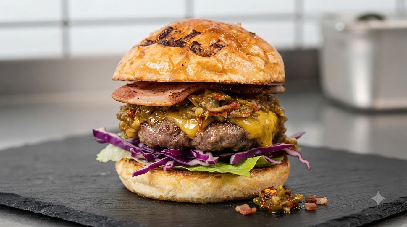 A gourmet beef burger featuring a toasted brioche bun, purple cabbage, lettuce, juicy beef patty with melted cheese, bacon, and double chili sauce.