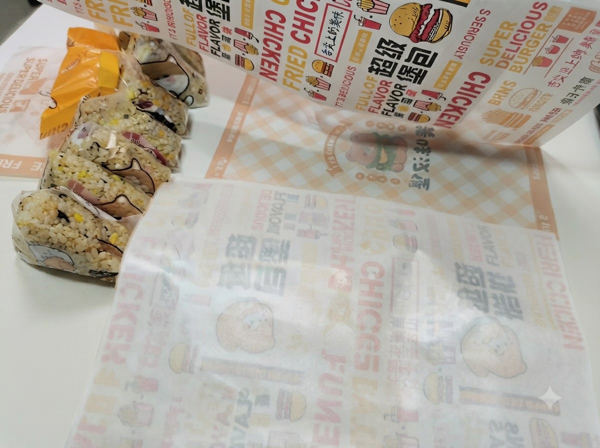 A burger wrapper laid flat with patterned side down and heated bun halves placed on top.