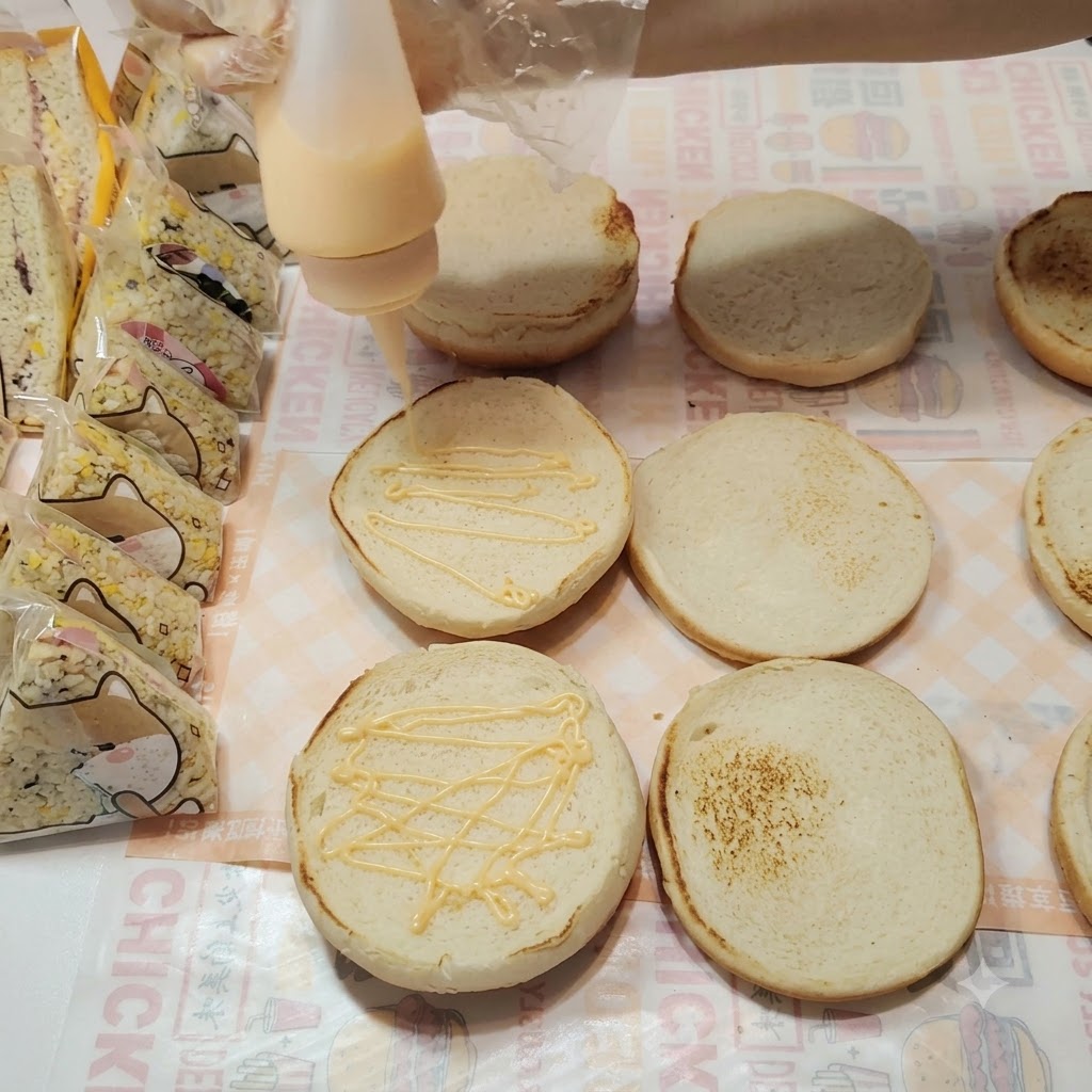 Secret sauce being squeezed in a zig-zag pattern onto the surface of burger buns.