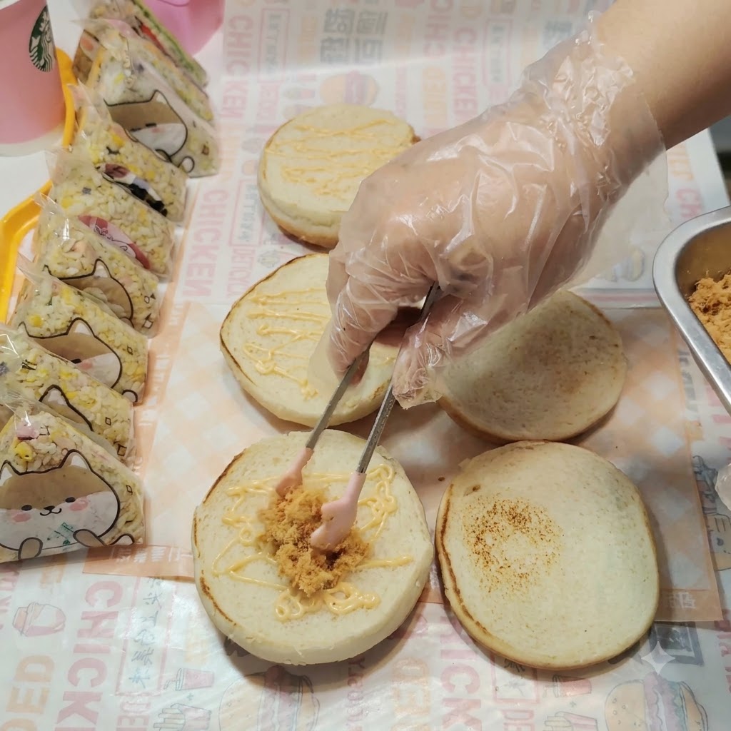 Pork floss being carefully placed onto the sauce-covered burger bun using tongs.