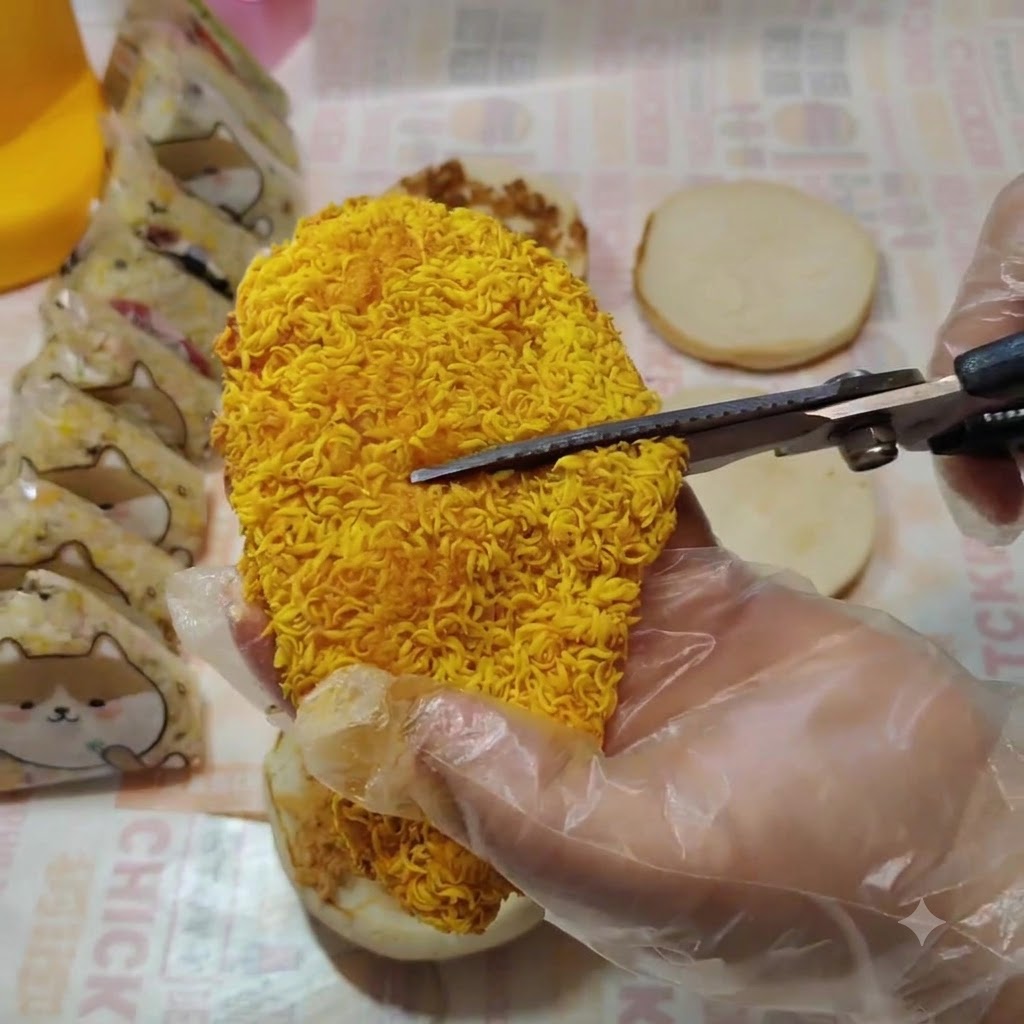 A crispy chicken cutlet being sliced in half with kitchen scissors.