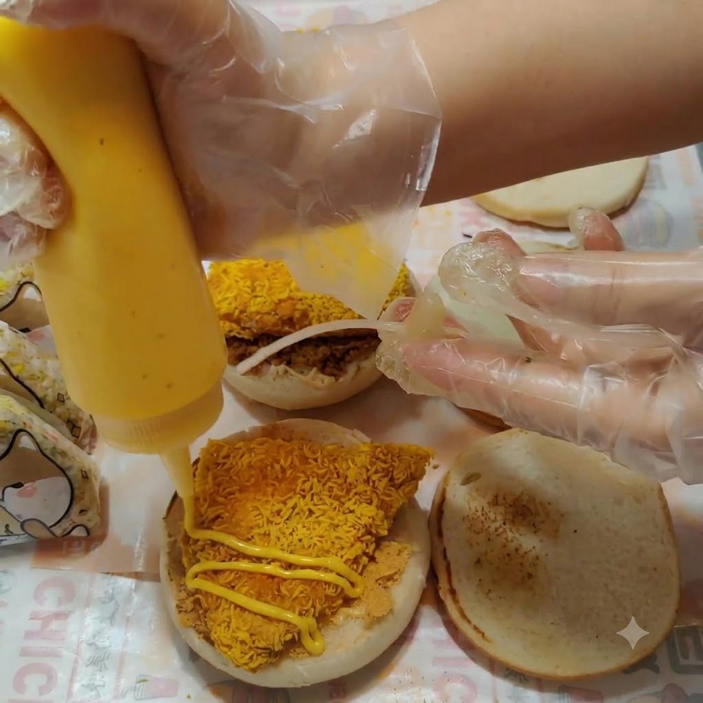 Honey mustard sauce being squeezed in a zig-zag motion over the chicken cutlet piece.