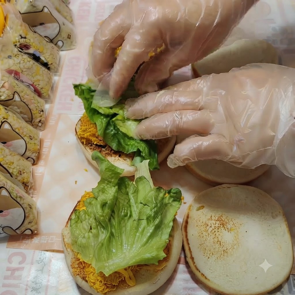 Fresh green lettuce leaves being arranged over the chicken layer.