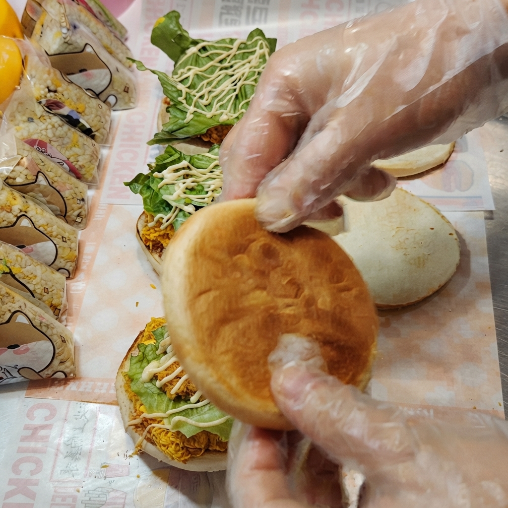 The top/bottom bun lid being positioned over the filled burger base.