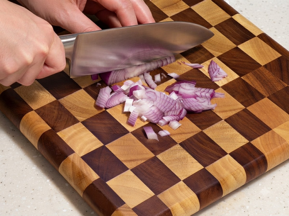 A knife slicing a red onion into small pieces on a checkered wooden cutting board.