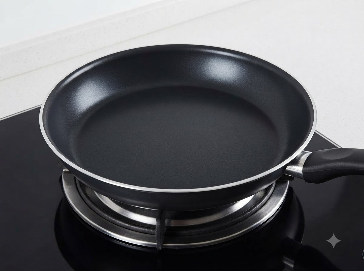 An empty black frying pan sitting on a stovetop burner.