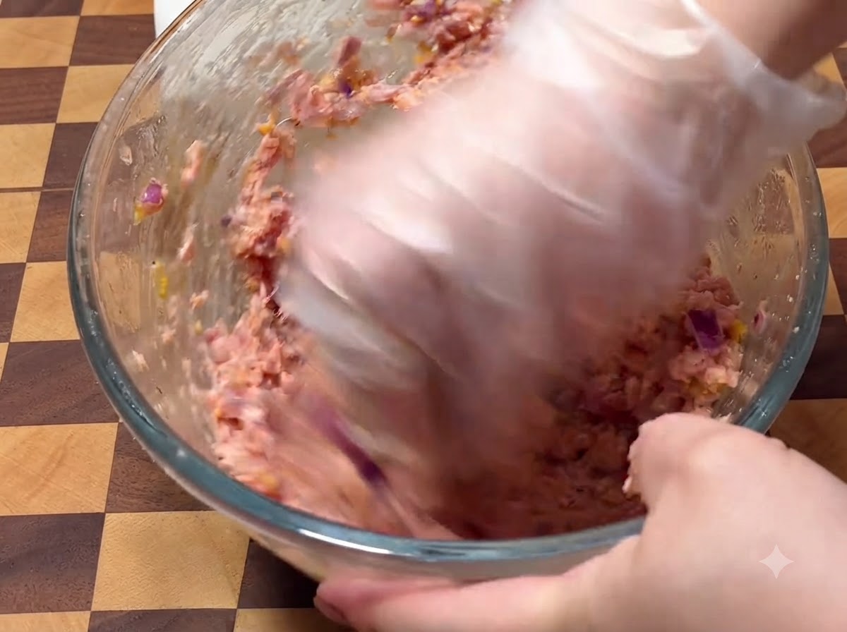 A gloved hand vigorously mixing the hamburger meat mixture inside a glass bowl.