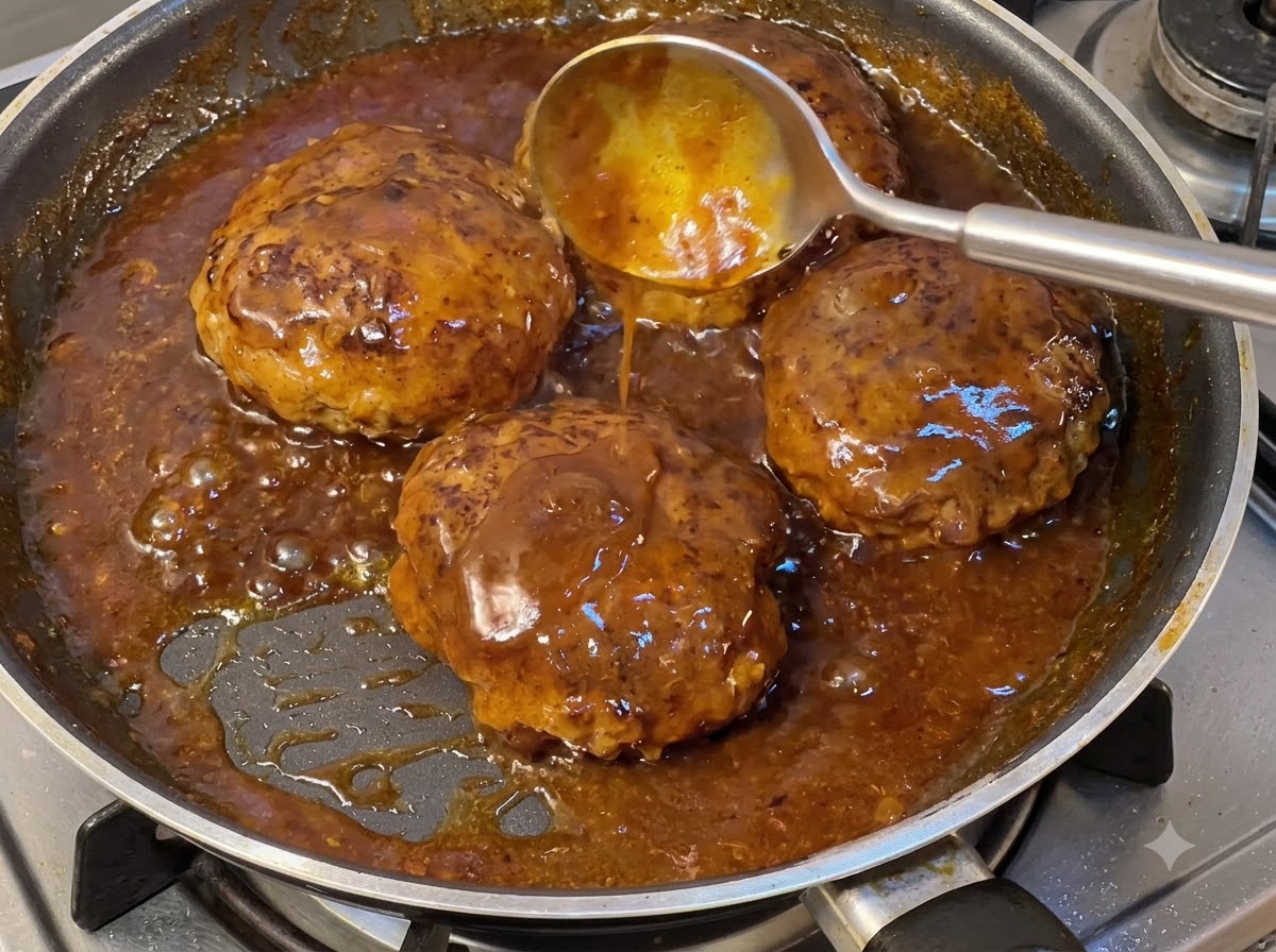 Hamburger patties simmering in a rich, bubbling brown sauce with a spoon scooping sauce over the top.