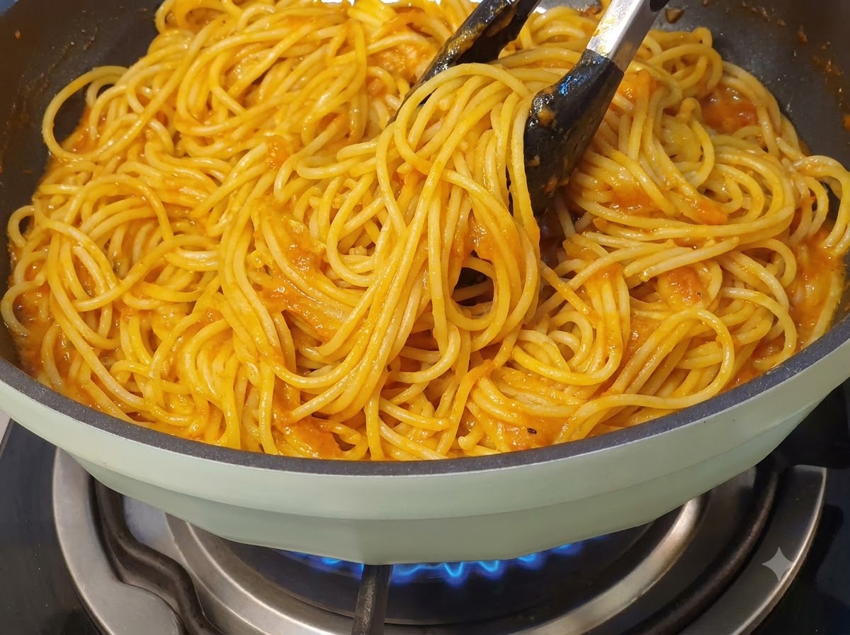 Tongs mixing yellow spaghetti noodles thoroughly inside a green-handled skillet filled with orange-red meat sauce.