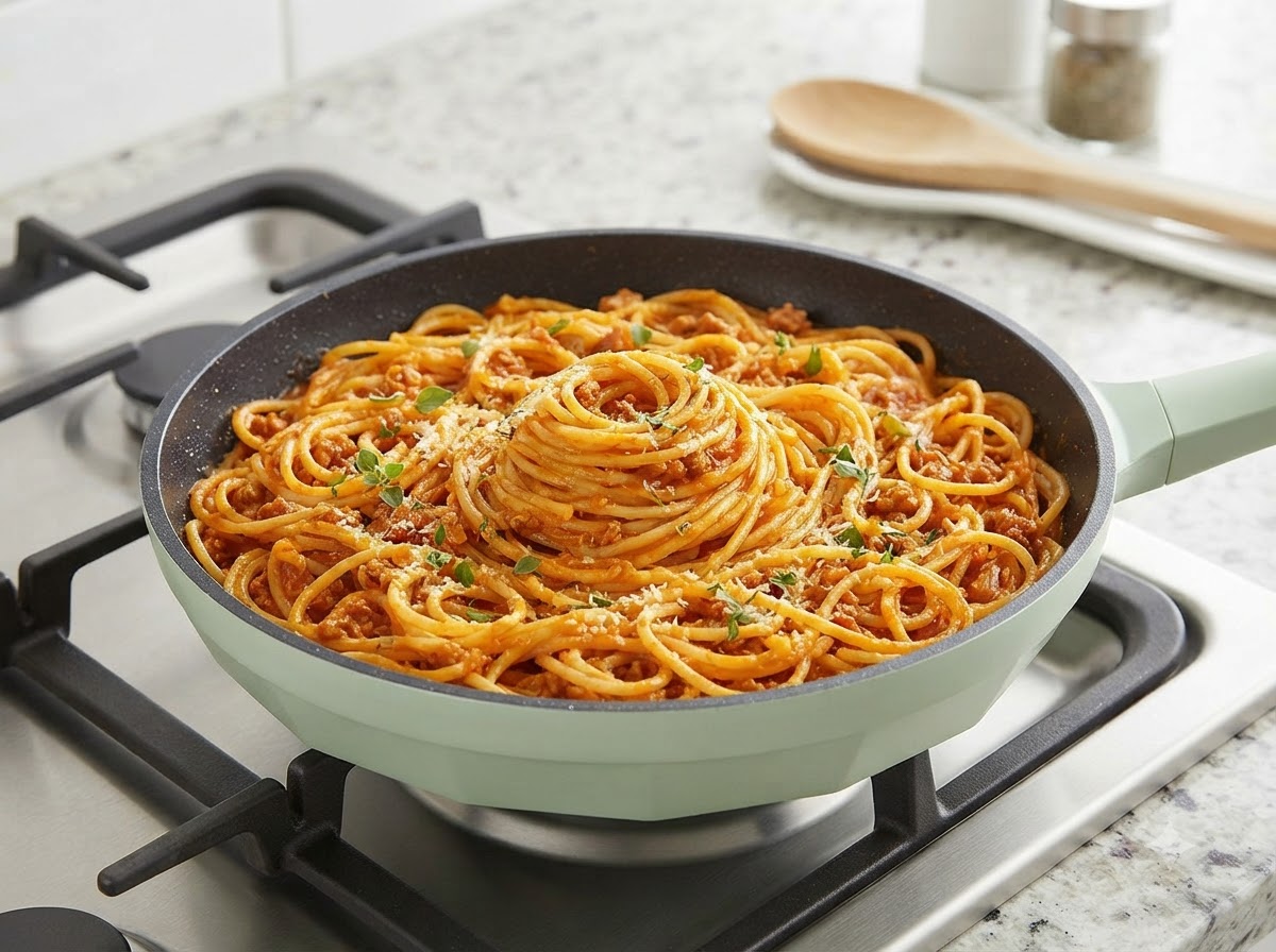 A pan filled with coated spaghetti arranged with a neat spiral mound in the center, garnished with herbs.