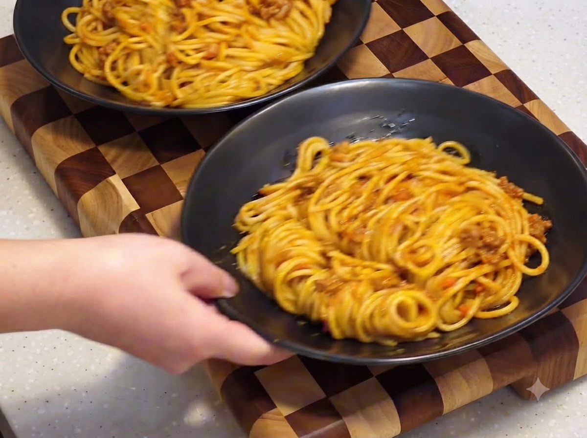 Hands placing black serving plates filled with spaghetti onto a wooden checkerboard cutting board.