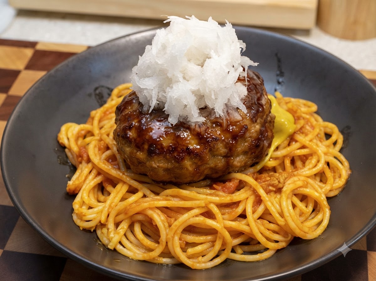 A close-up of a mound of grated white radish piled on top of a glazed hamburger patty over spaghetti.