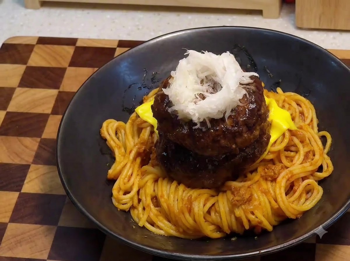 A raw quail egg yolk sitting centered on top of a mound of grated white daikon radish atop stacked hamburger patties.