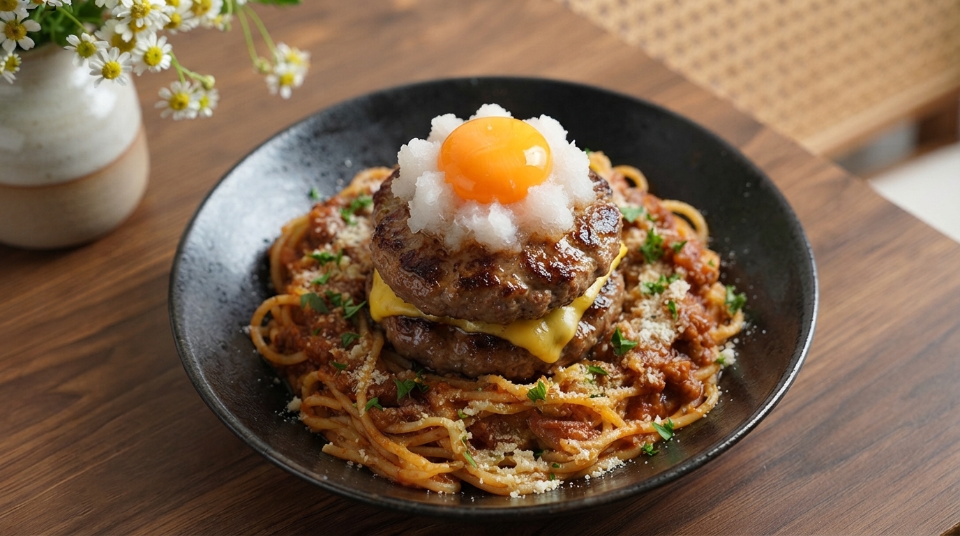 Double Patty Hamburger Steak Pasta and Shrimp Quinoa Salad