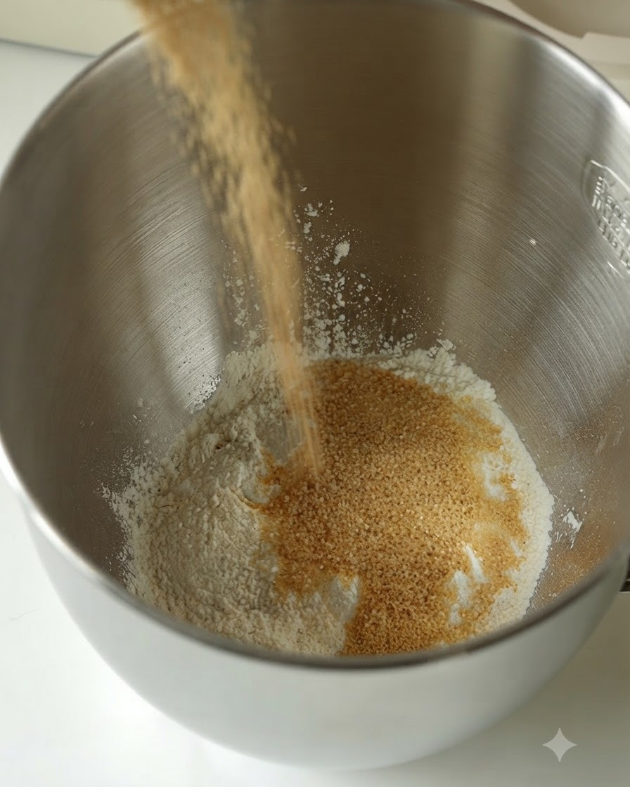 Plant-based milk pouring into a mixing bowl with flour and brown sugar.