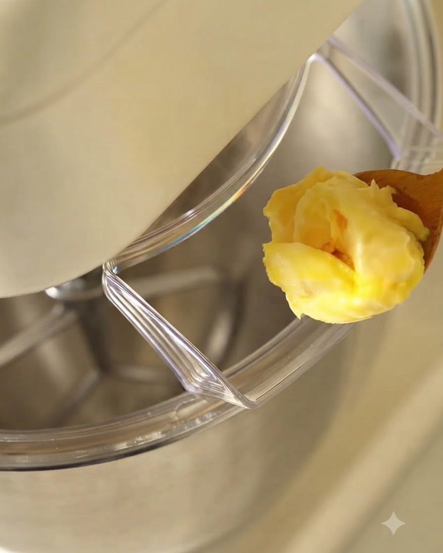 Yellow vegan butter being held on a wooden spoon near a standing mixer bowl.