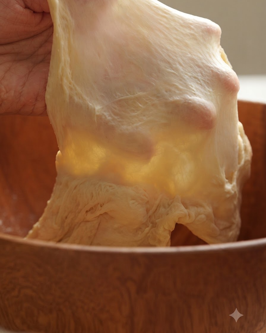 Dough being stretched thin by hand to test gluten development.