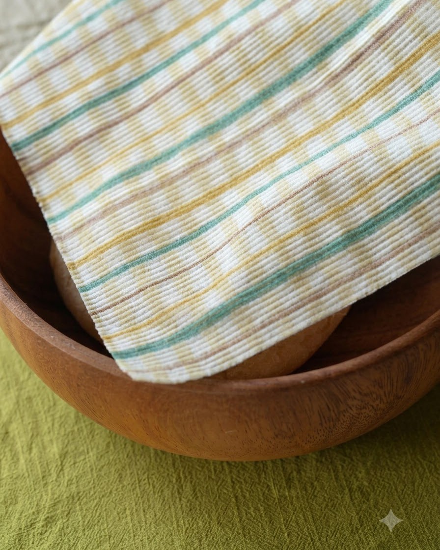 Dough resting under a checkered cloth inside a wooden bowl.