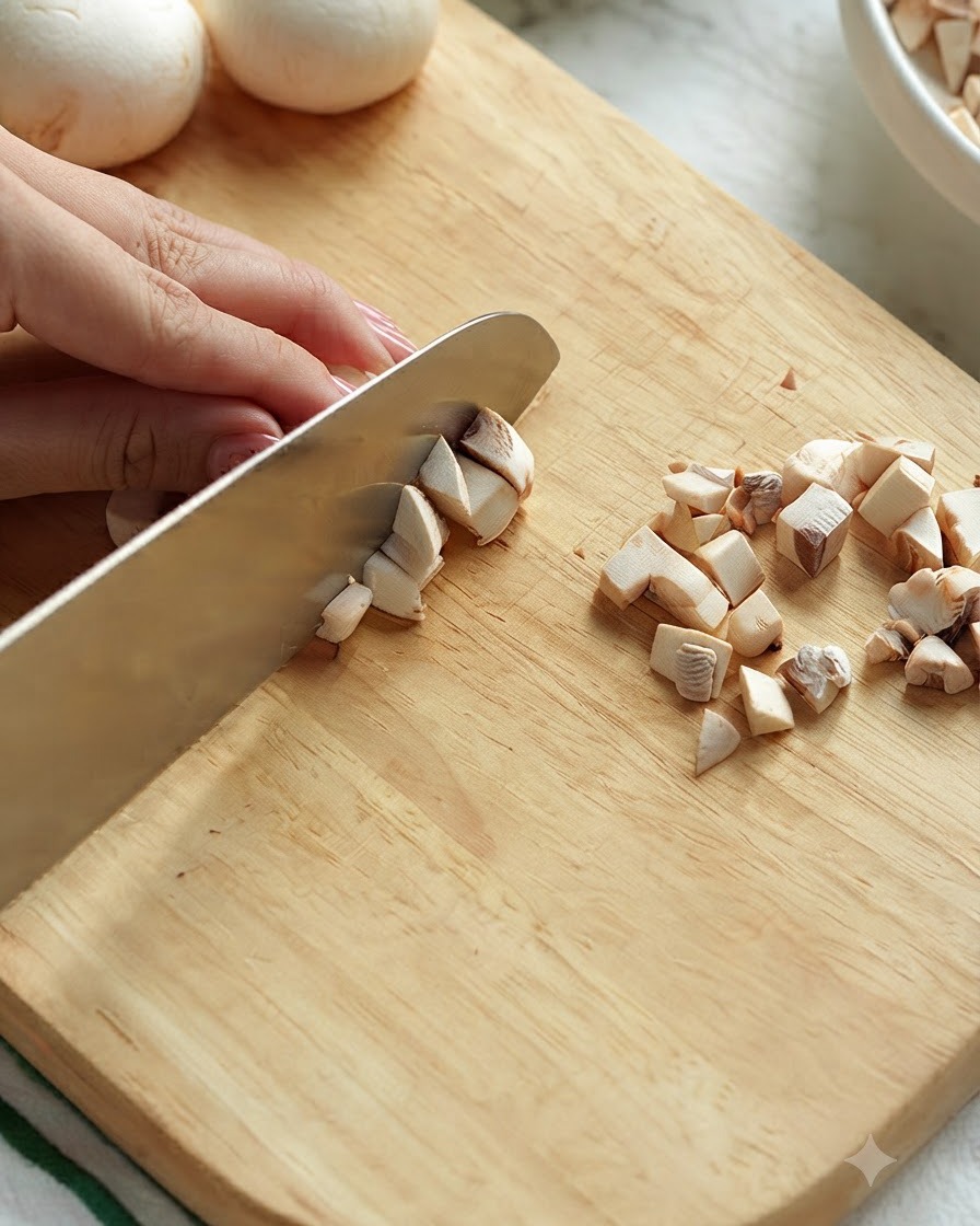 A hand using a knife to chop mushrooms on a wooden cutting board.