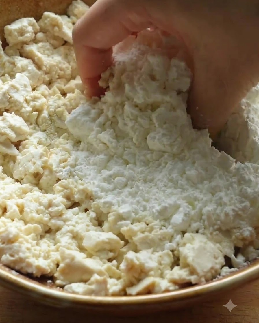 Tofu being crumbled and mixed with flour and cornstarch inside a wooden bowl.