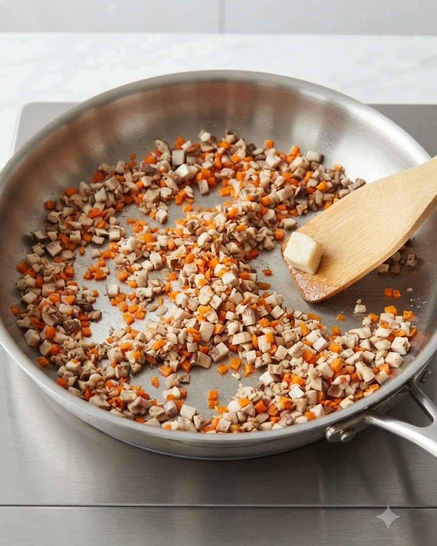 Finely diced carrots and mushrooms cooking in a stainless steel pan being stirred with a wooden spatula.