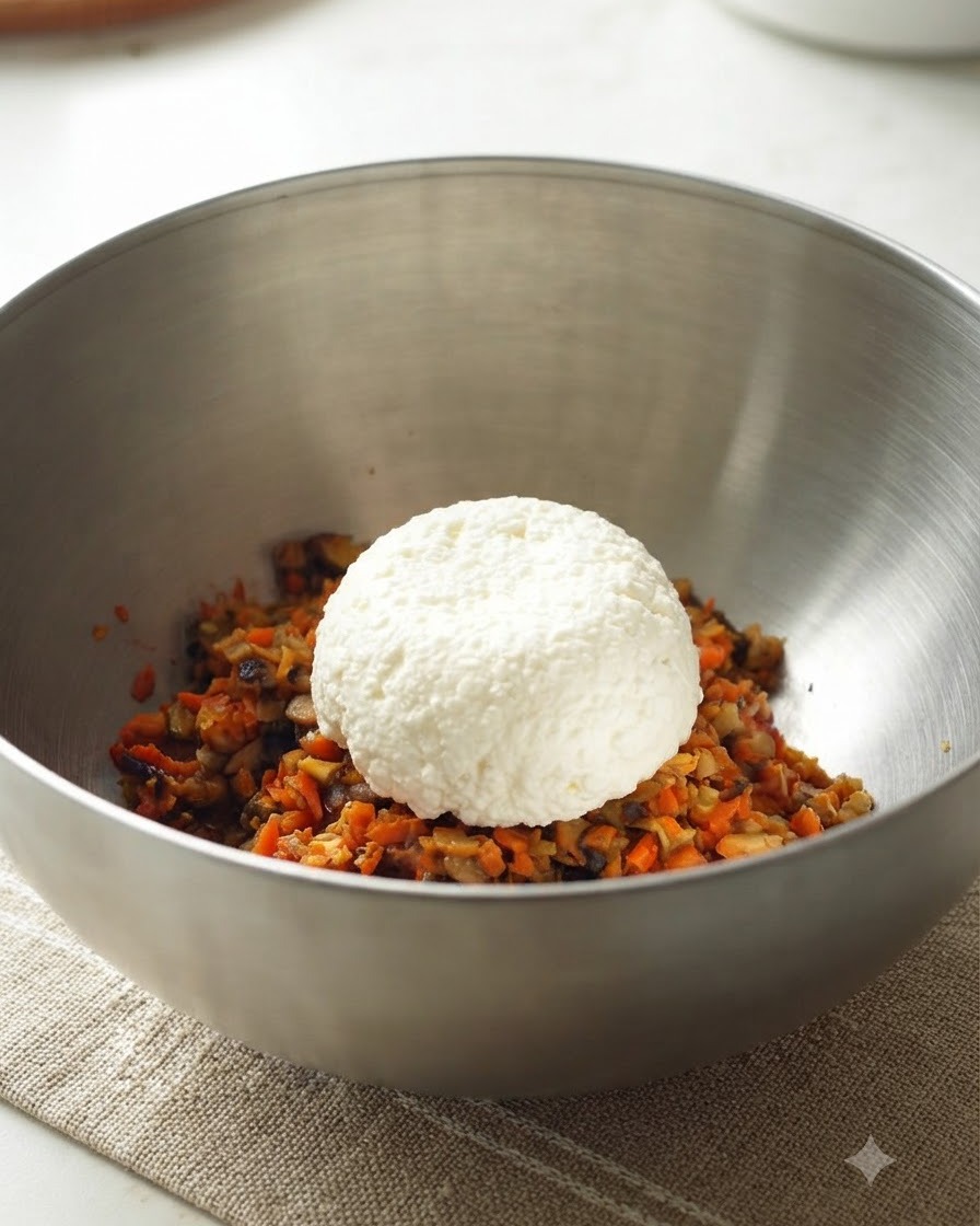A large round ball of the mixed veggie patty ingredients resting inside a stainless steel mixing bowl.