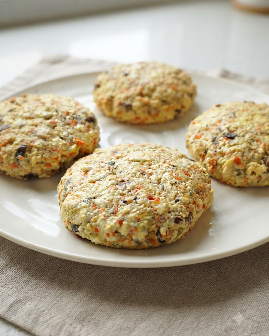 Four shaped vegan burger patties coated in seeds resting on a white serving plate.
